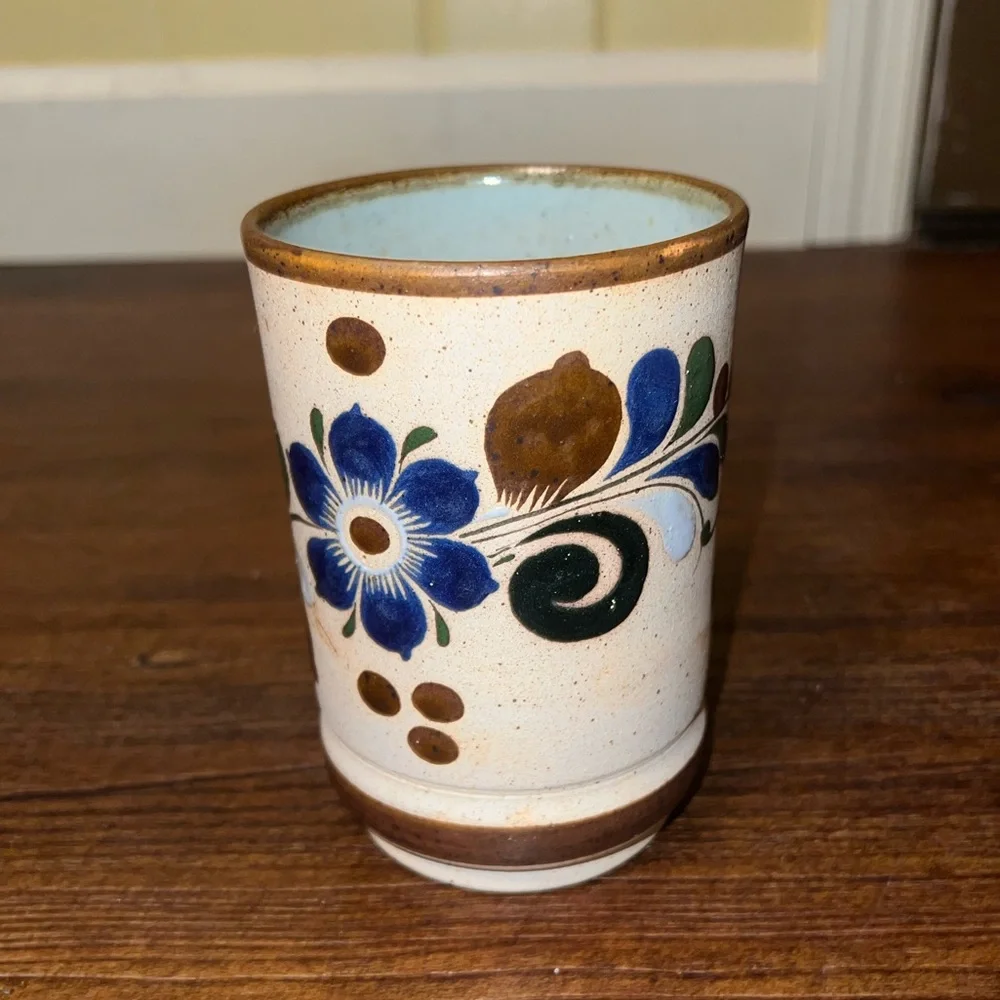 Vintage Tonala Mexican Pottery Folk Art Stoneware Rustic Tan Mug Floral Design - Picture 5 of 10